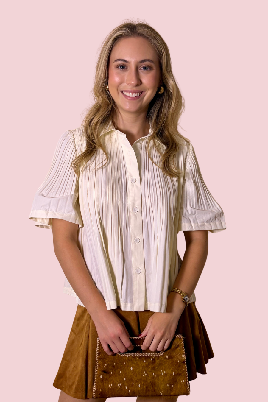 Pleat Perfect Pleated Short Sleeve Swing Blouse with Flared Hem