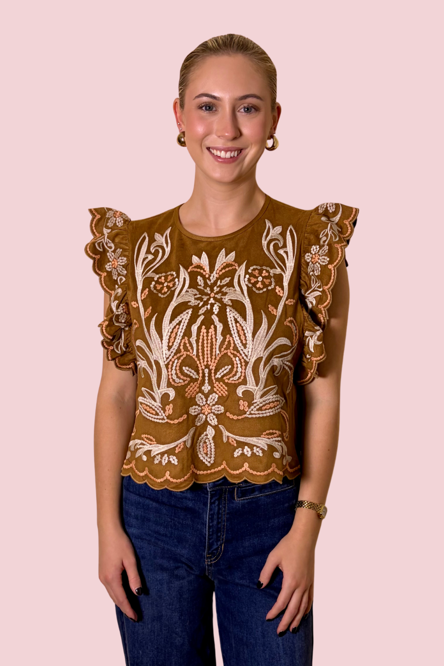 Stitch Perfect Floral Embroidered Ruffle Sleeve Top