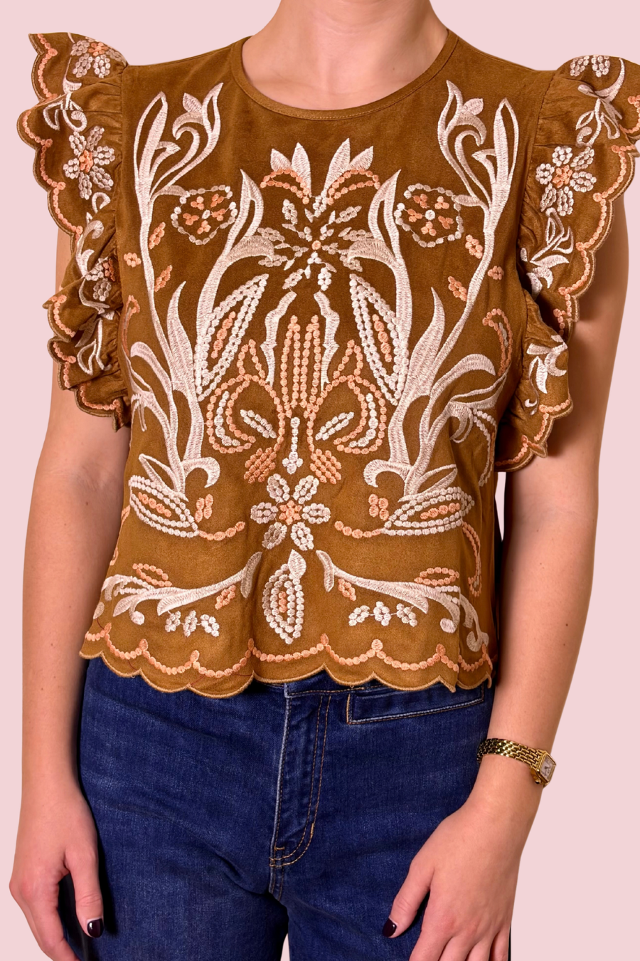 Stitch Perfect Floral Embroidered Ruffle Sleeve Top