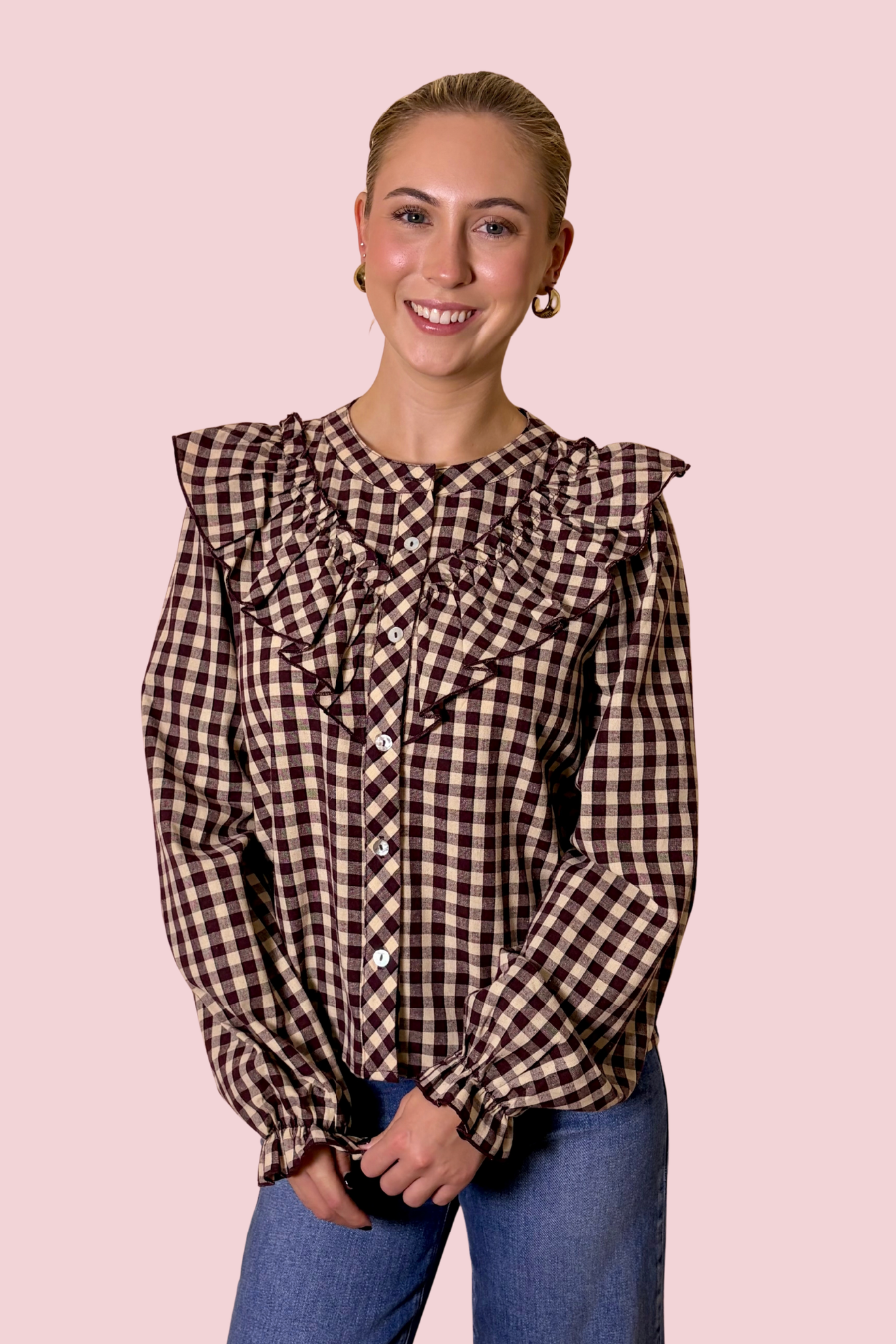 Check Mate Gingham Check Ruffle Blouse