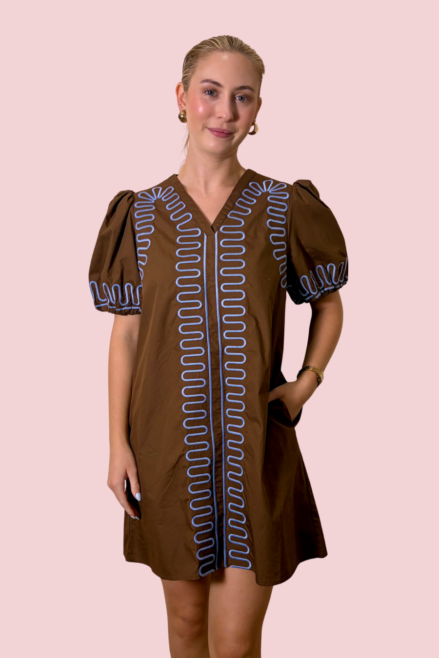 Stitched to Perfection Puff Sleeve Embroidered Shift Mini Dress with Contrast Trim
