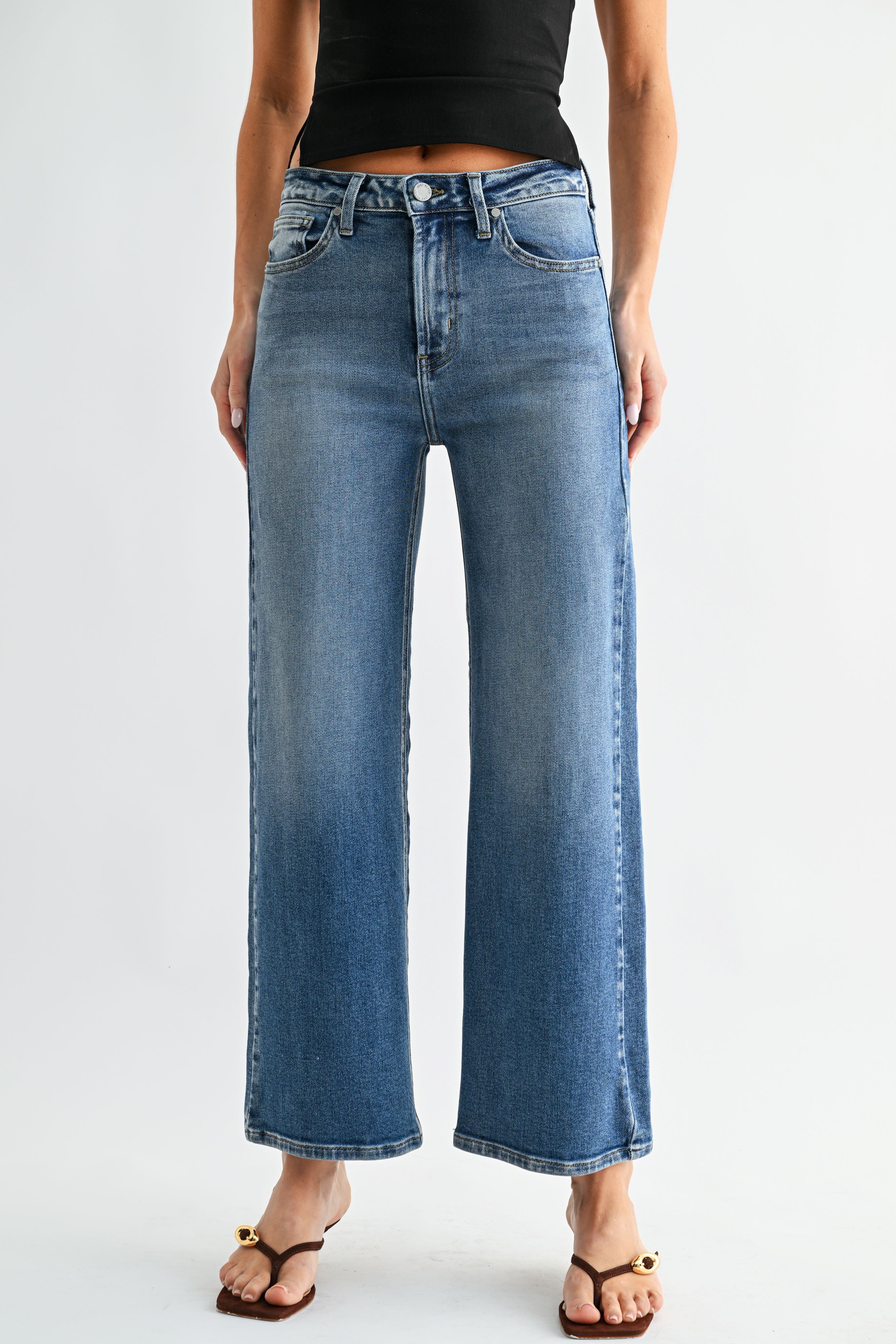 Signature Pair High Rise Wide Leg Crop Jeans in Medium Wash