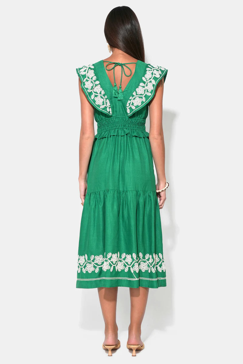 Amaya Green Ruffle Embroidery Midi Dress