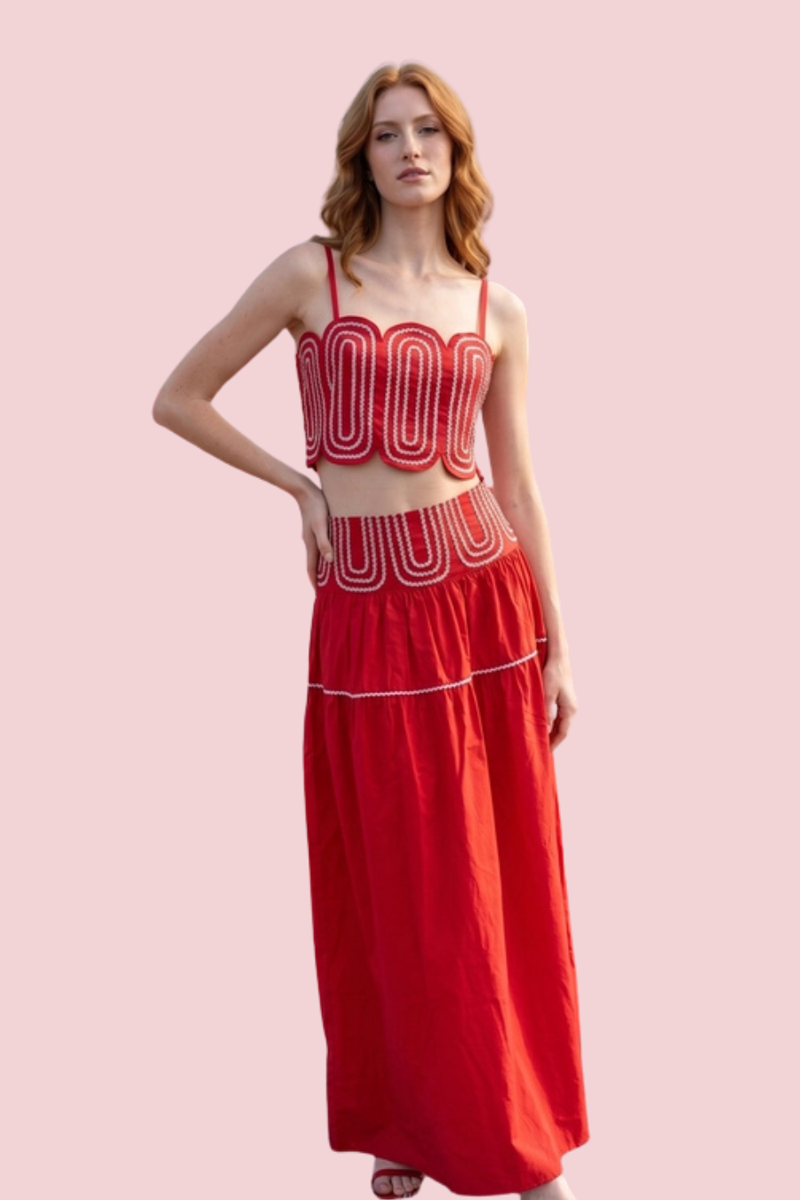 Winning Combo Red Embroidered Crop Top & Maxi Skirt Matching Set