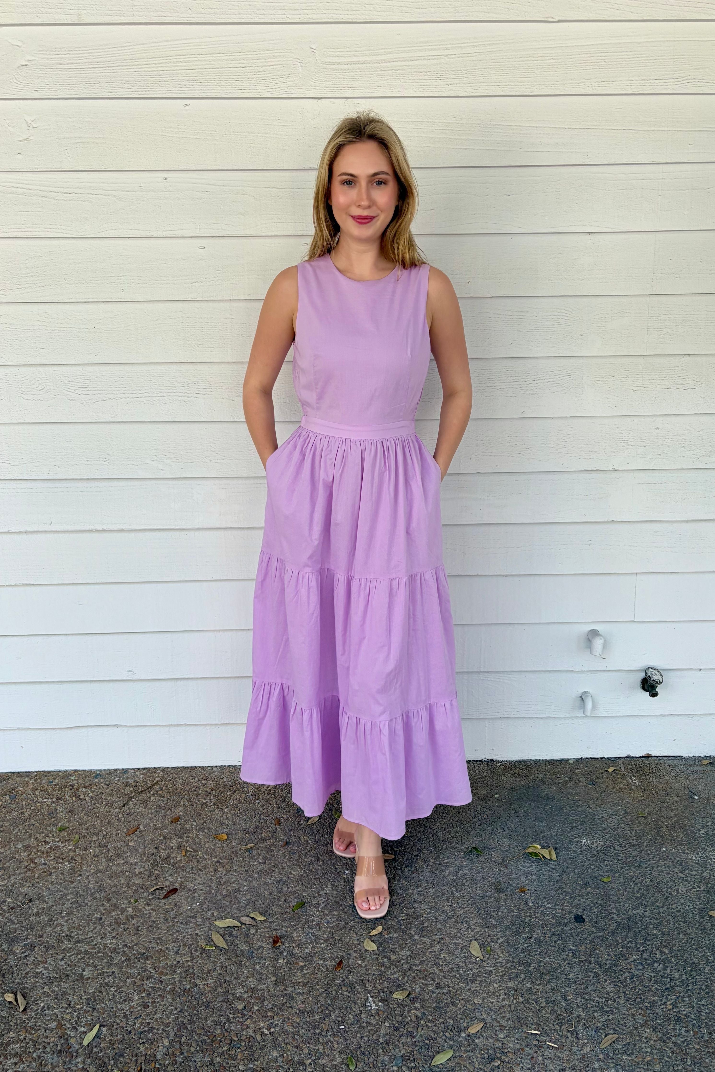 Lavender Haze Lavender Sleeveless Midi Dress with Tiered Skirt and Pockets