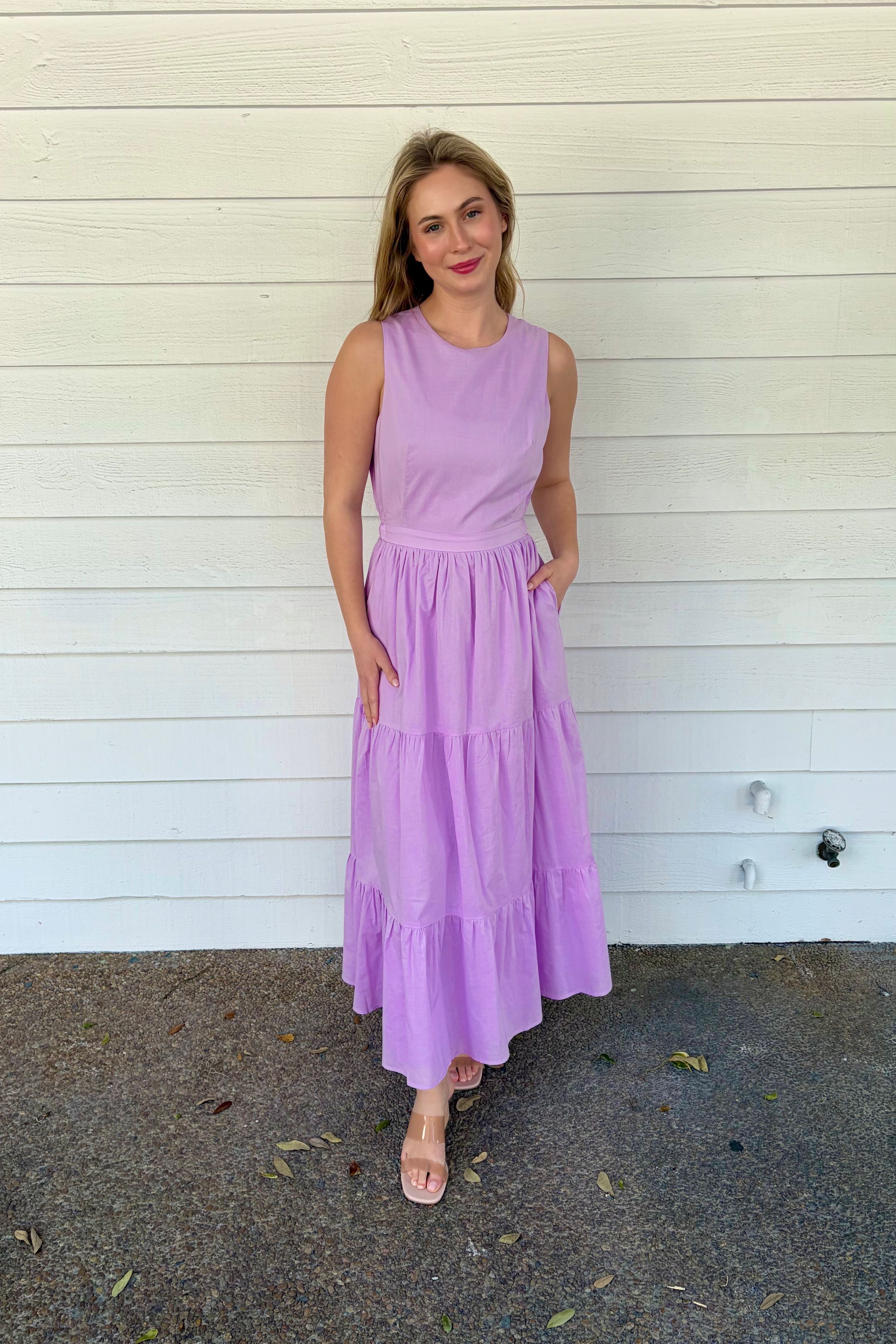 Lavender Haze Lavender Sleeveless Midi Dress with Tiered Skirt and Pockets
