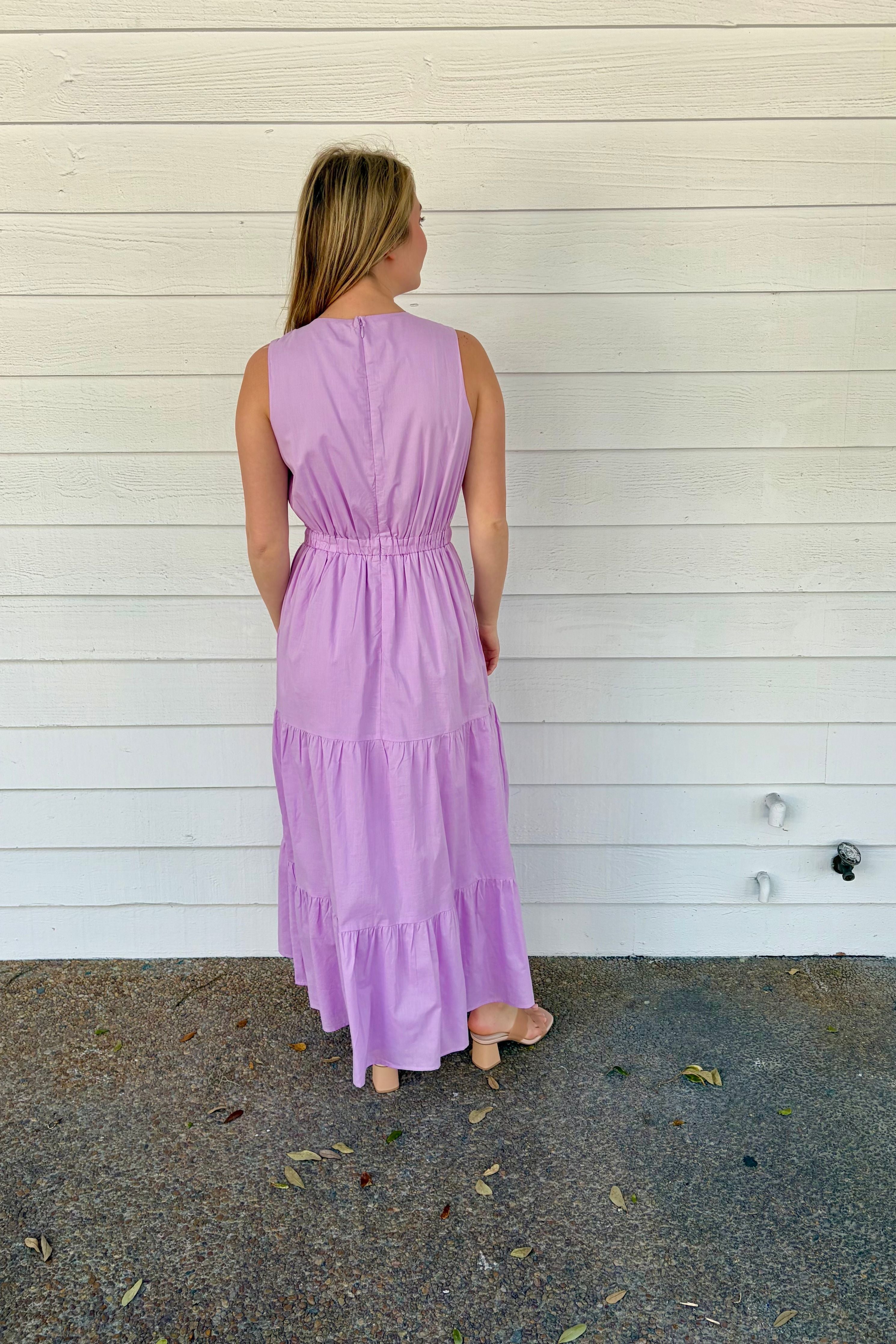 Lavender Haze Lavender Sleeveless Midi Dress with Tiered Skirt and Pockets