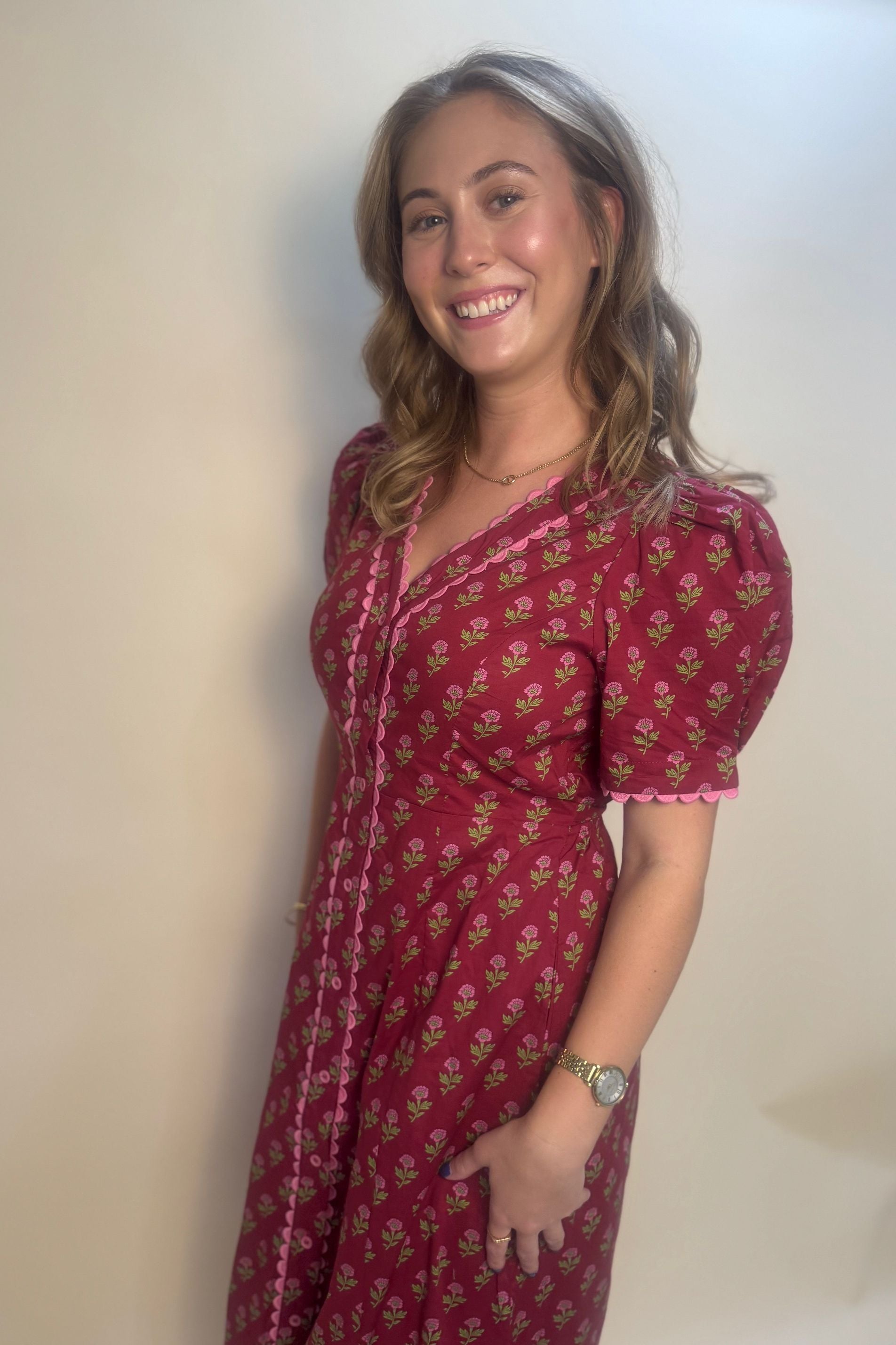 Floral Print Midi Dress with Scallop Trim