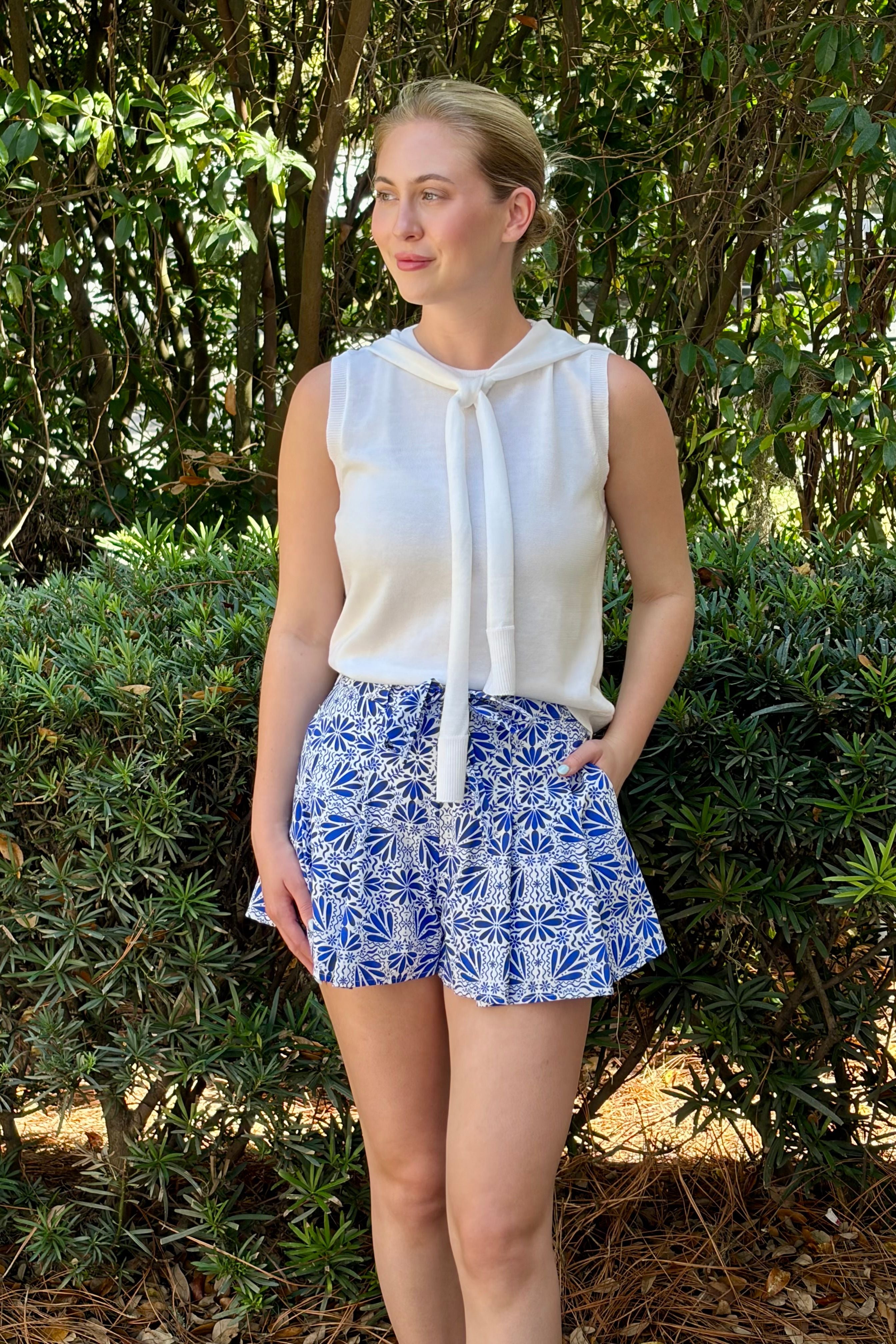 The Santorini Blue and White Flower Print Flowy Shorts
