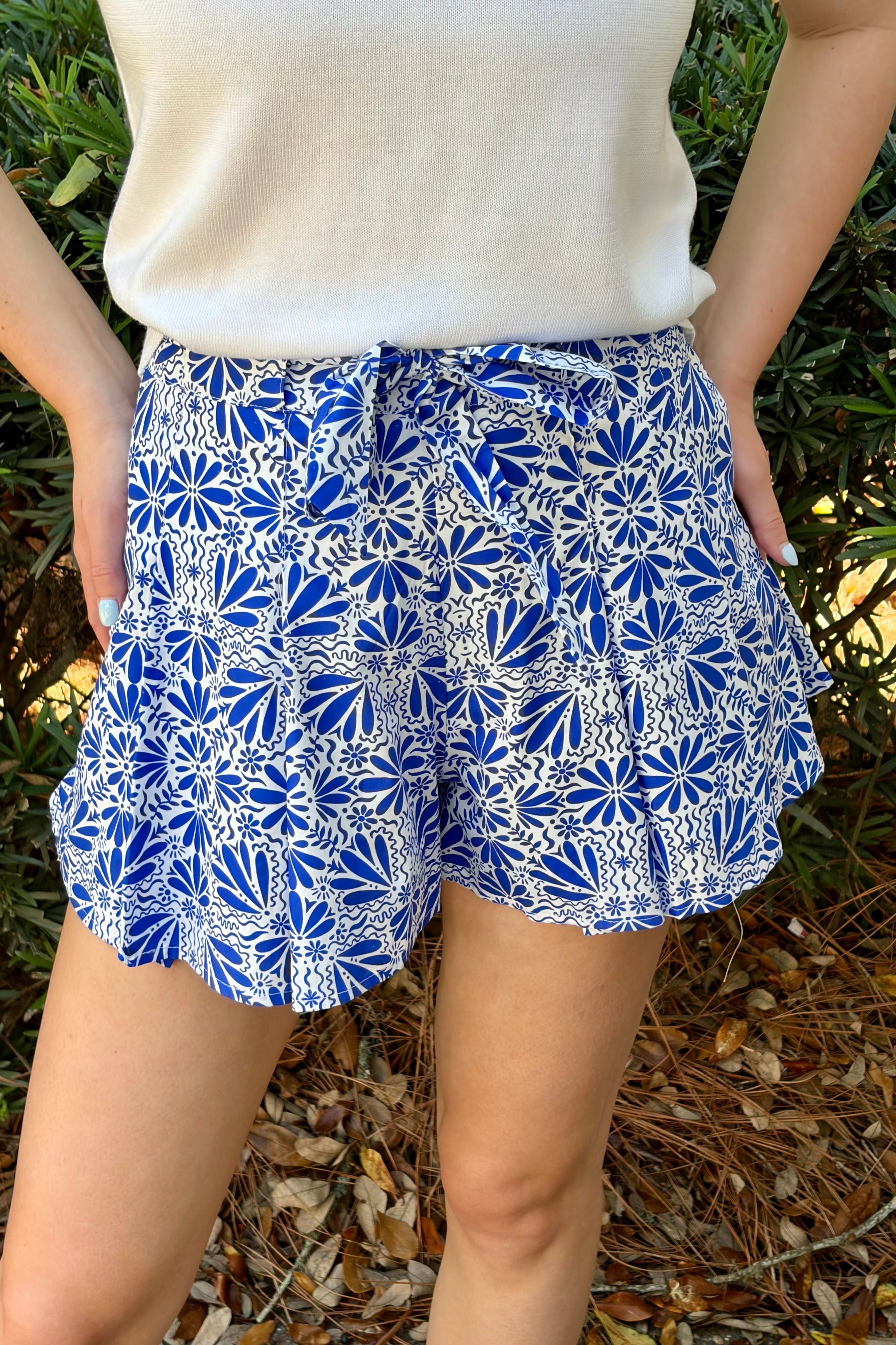 The Santorini Blue and White Flower Print Flowy Shorts