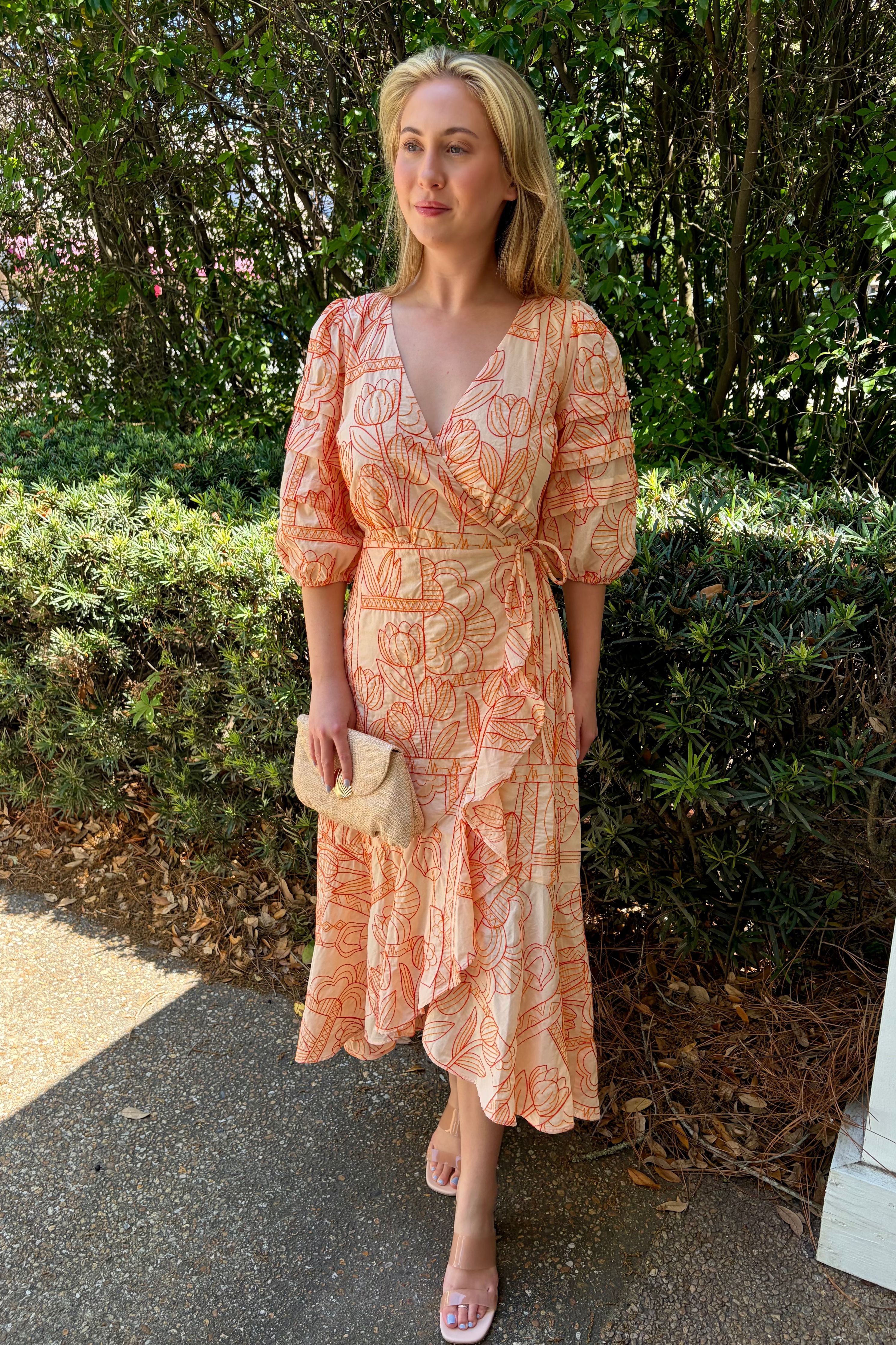 Haven Ruffle Embroidery Wrap Midi Dress
