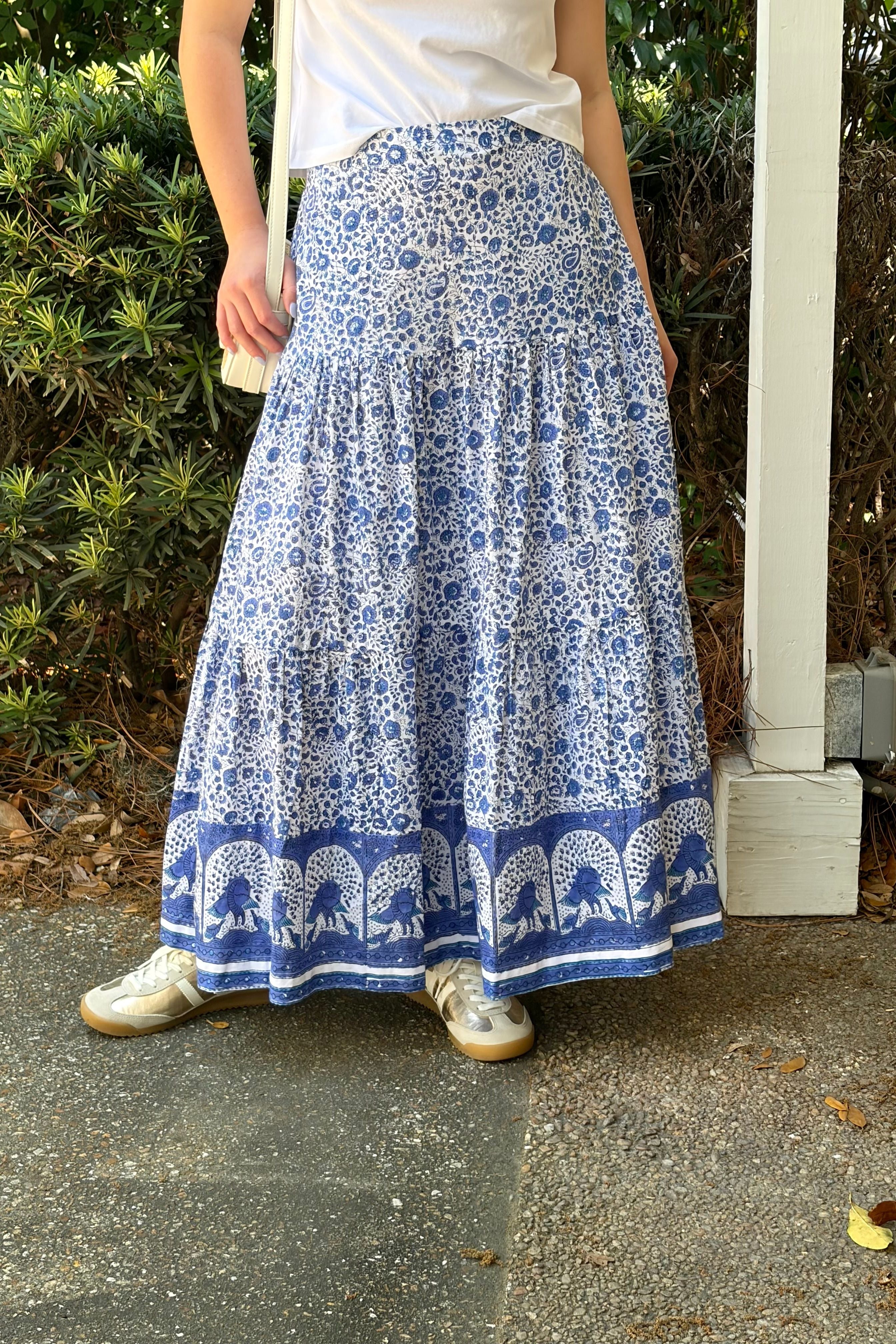 Sofia Blue Floral Print Tiered Maxi Skirt with High Waist