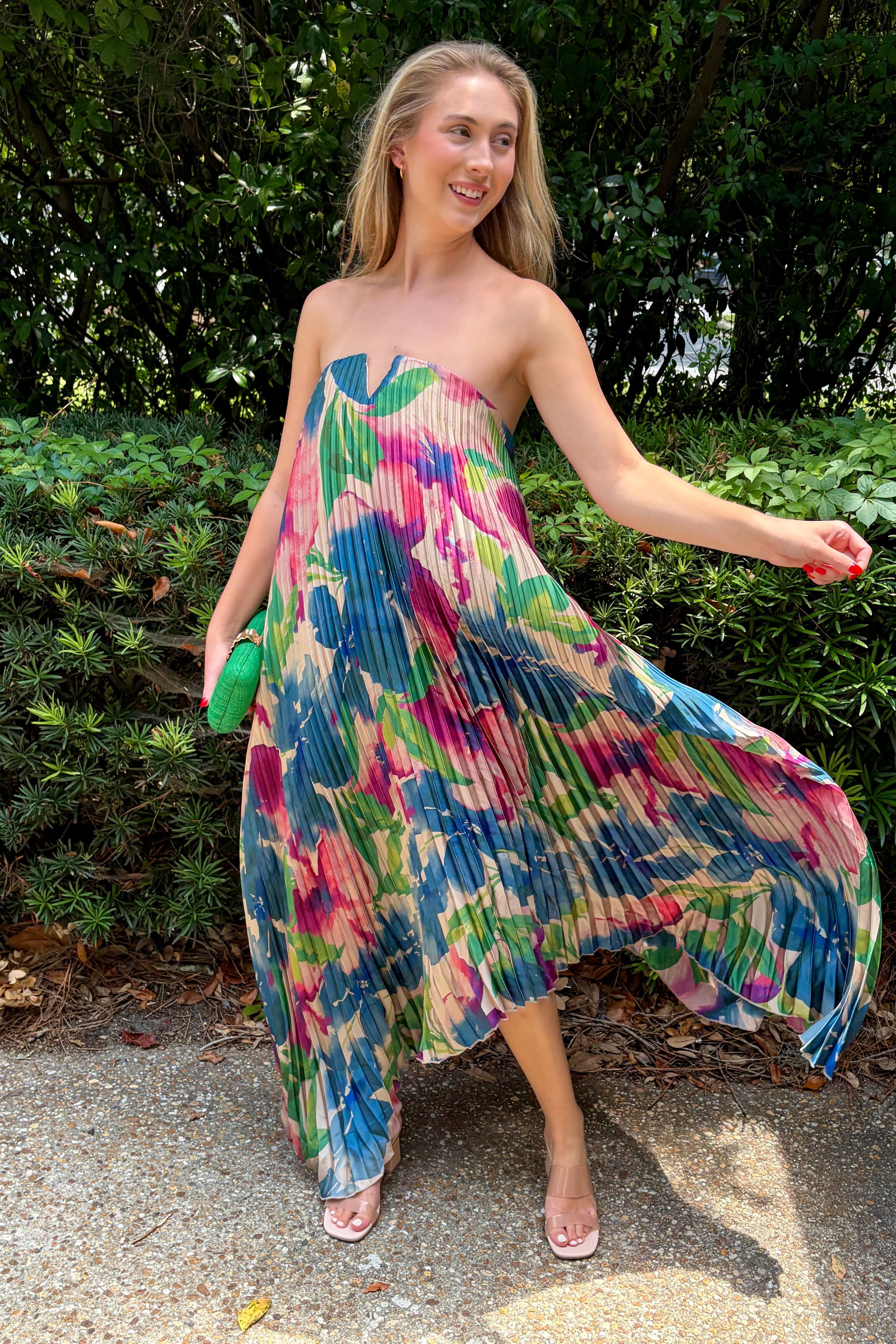 Painted Paradise Strapless Pleated Floral High Low Maxi Dress