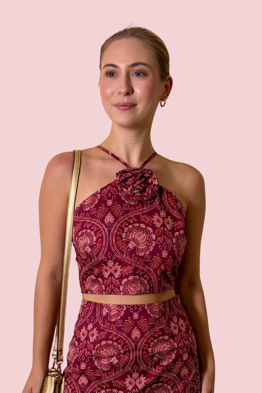 Rosy Outlook Floral Halter Crop Top with Rosette Detail