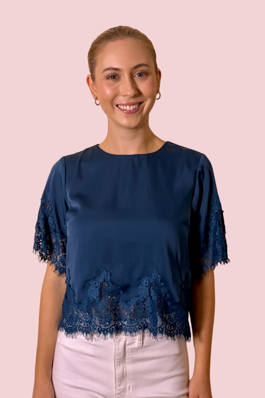 Grace & Lace Blue Lace Trim Short Sleeve Cropped Blouse