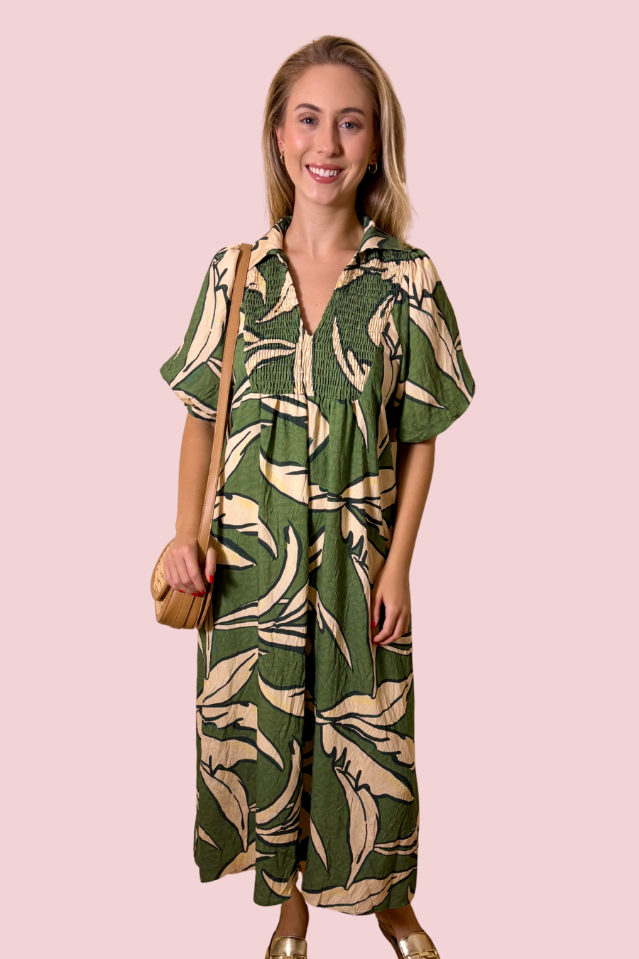 Botanical Beauty Botanical Print Collared Midi Dress with Puff Sleeves