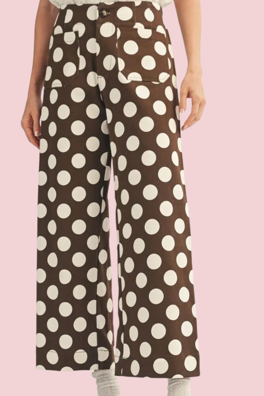 Dot Era High Waist Wide Leg Polka Dot Pants with Front Patch Pockets