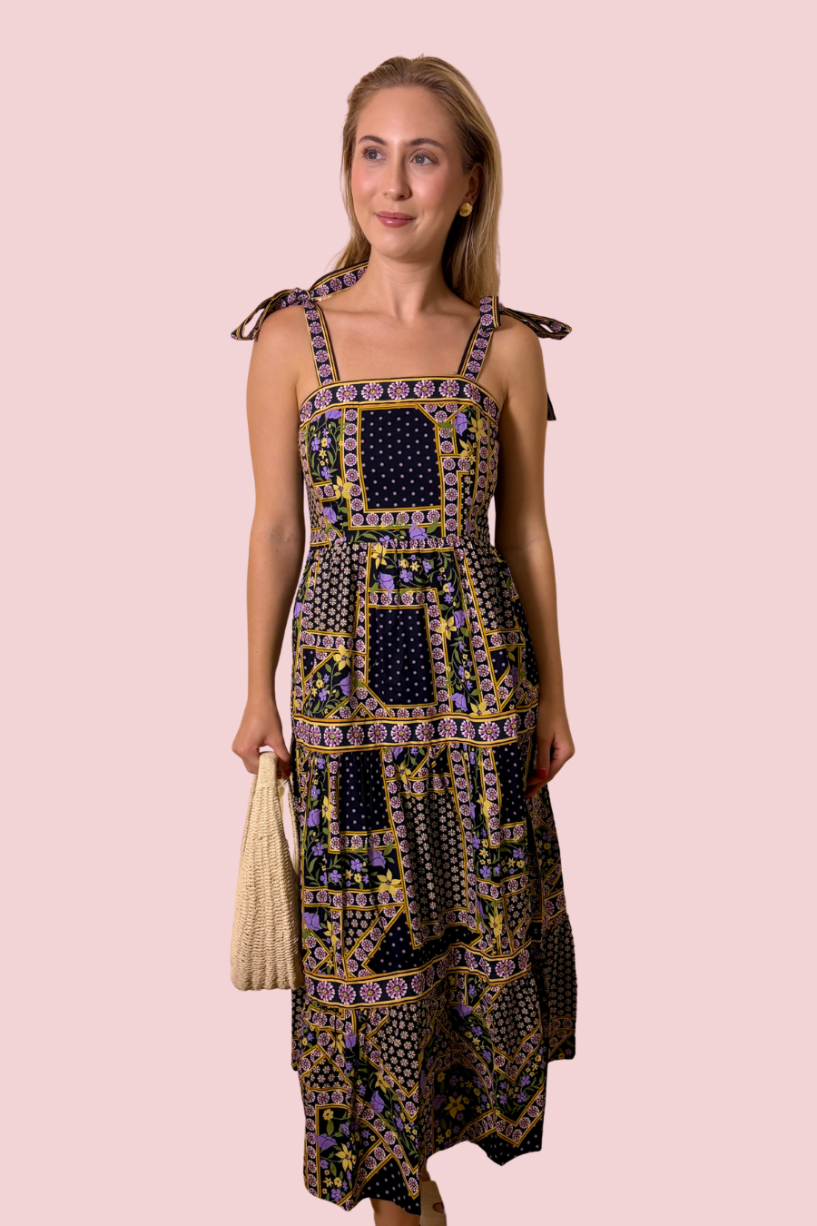 Pattern Play Printed Tie Strap Square Neck Midi Dress
