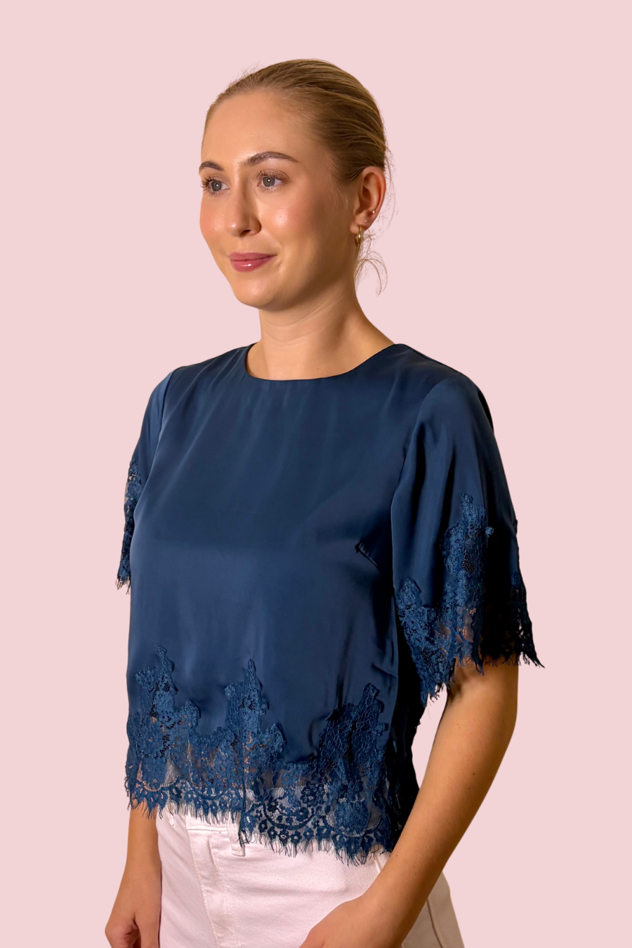 Grace & Lace Blue Lace Trim Short Sleeve Cropped Blouse