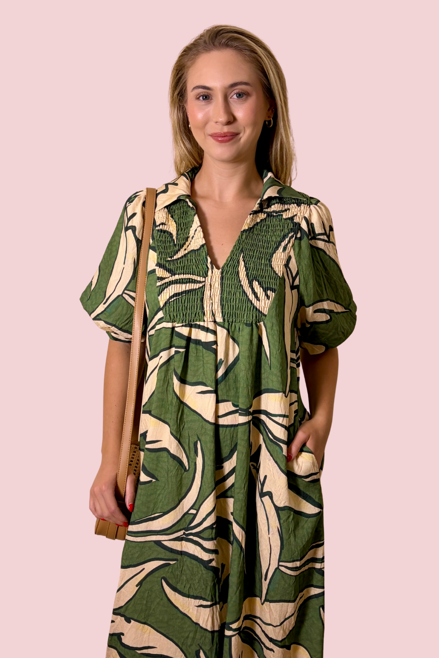 Botanical Beauty Botanical Print Collared Midi Dress with Puff Sleeves