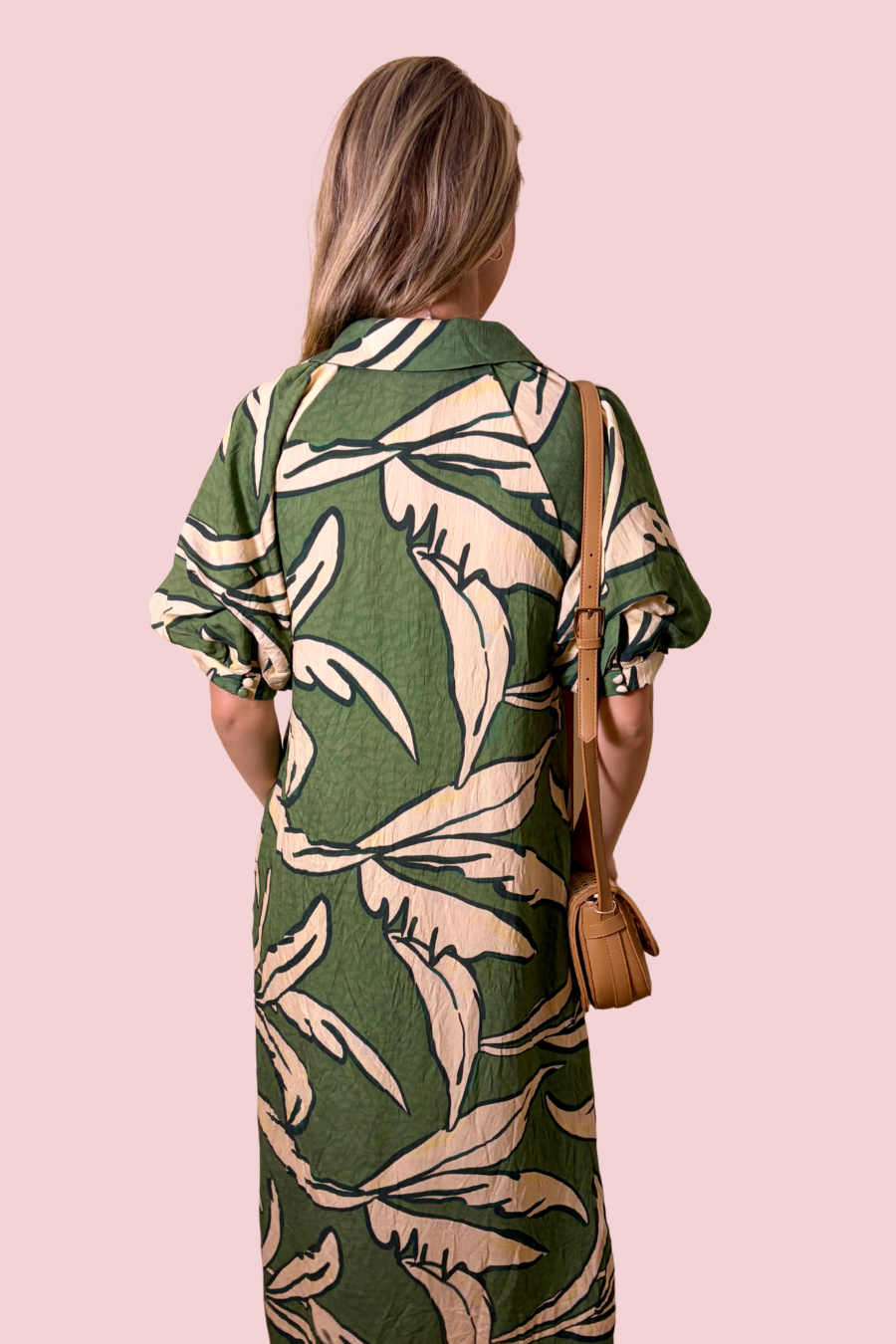 Botanical Beauty Botanical Print Collared Midi Dress with Puff Sleeves