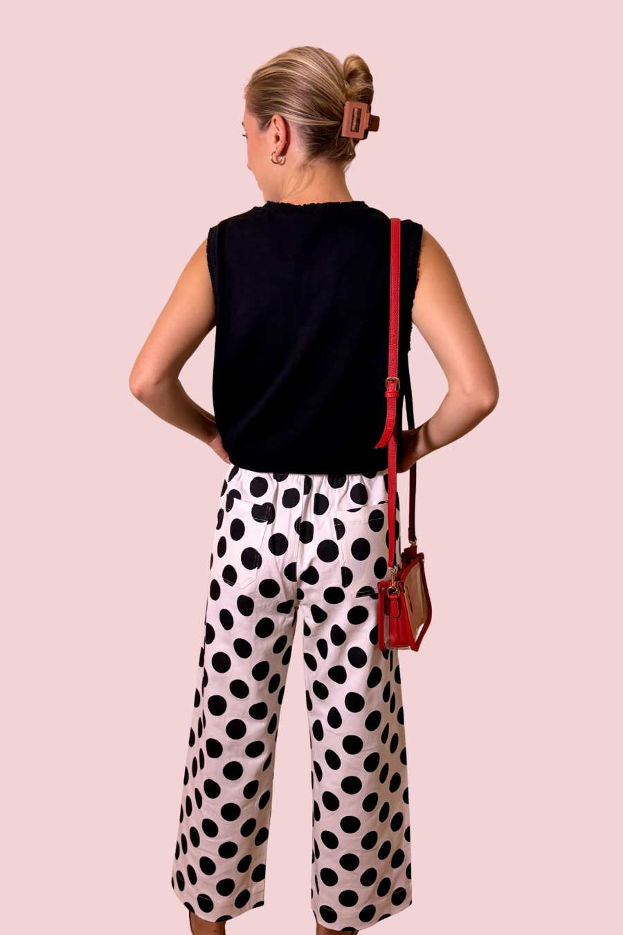 Dot Era High Waist Wide Leg Polka Dot Pants with Front Patch Pockets