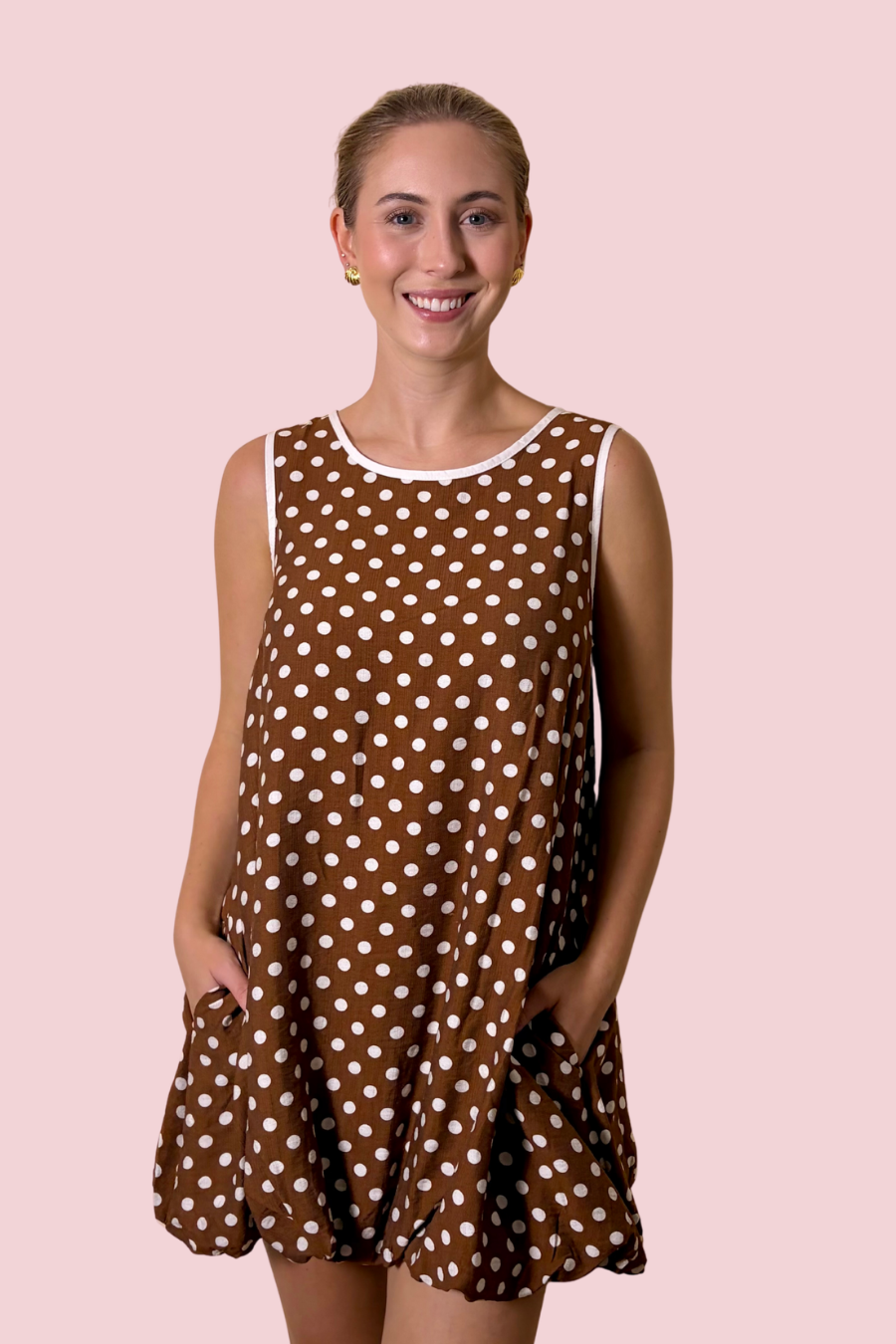 Pop of Fun Polka Dot Sleeveless Bubble Hem Mini Dress with Pockets