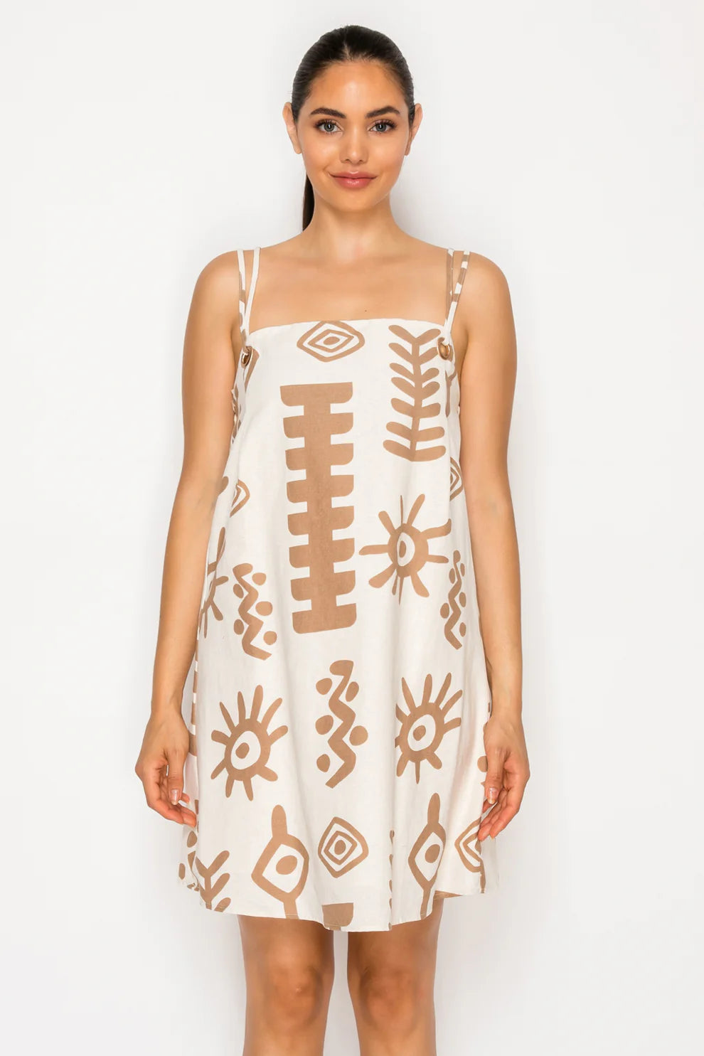 Sun Chaser Neutral Geometric Print Mini Dress with Adjustable Straps
