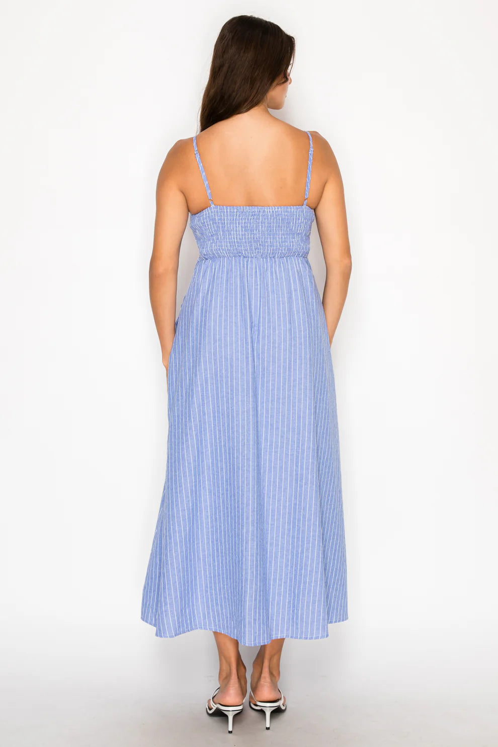 Caught in a Daydream Blue and White Stripe Cutout Midi Dress with Bow Front Detail