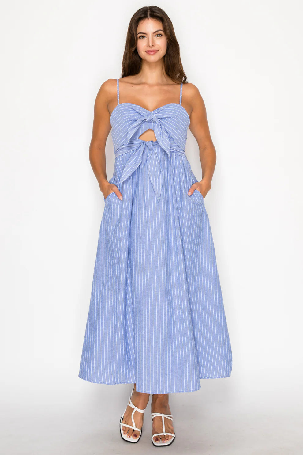 Caught in a Daydream Blue and White Stripe Cutout Midi Dress with Bow Front Detail
