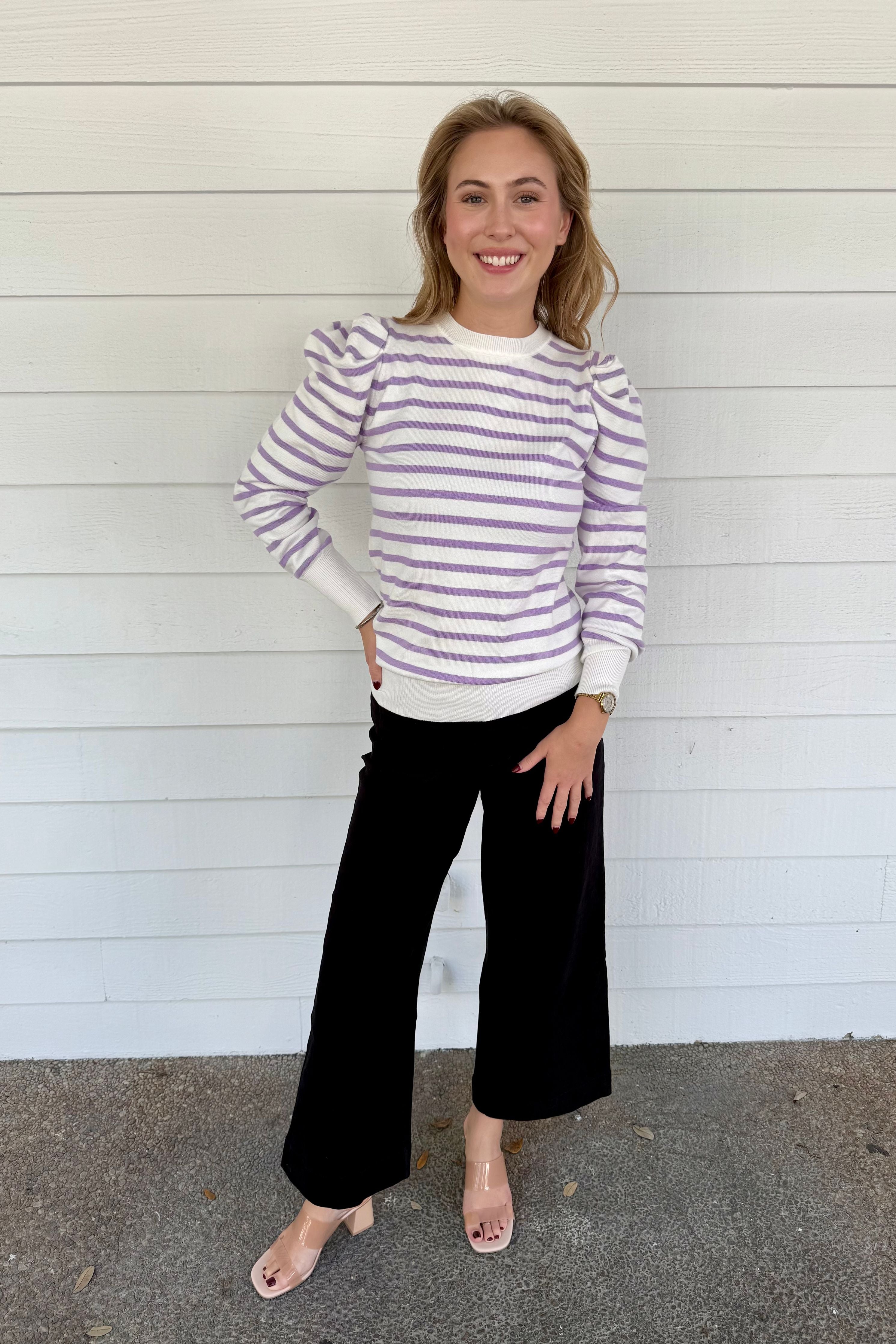 Crew Neck Puff Sleeve Striped Knitted Sweater Top