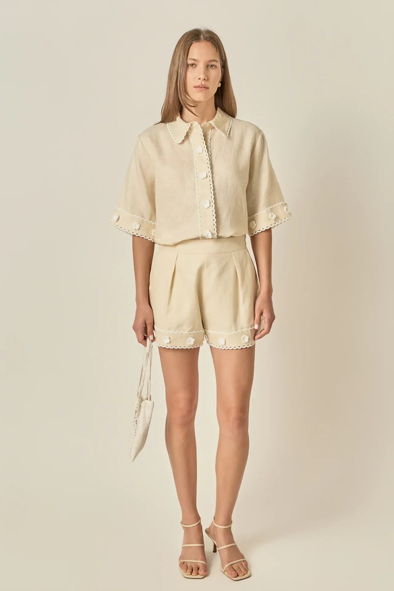 Just Enough Charm Linen Blend Button Front Shirt with Floral Appliqué