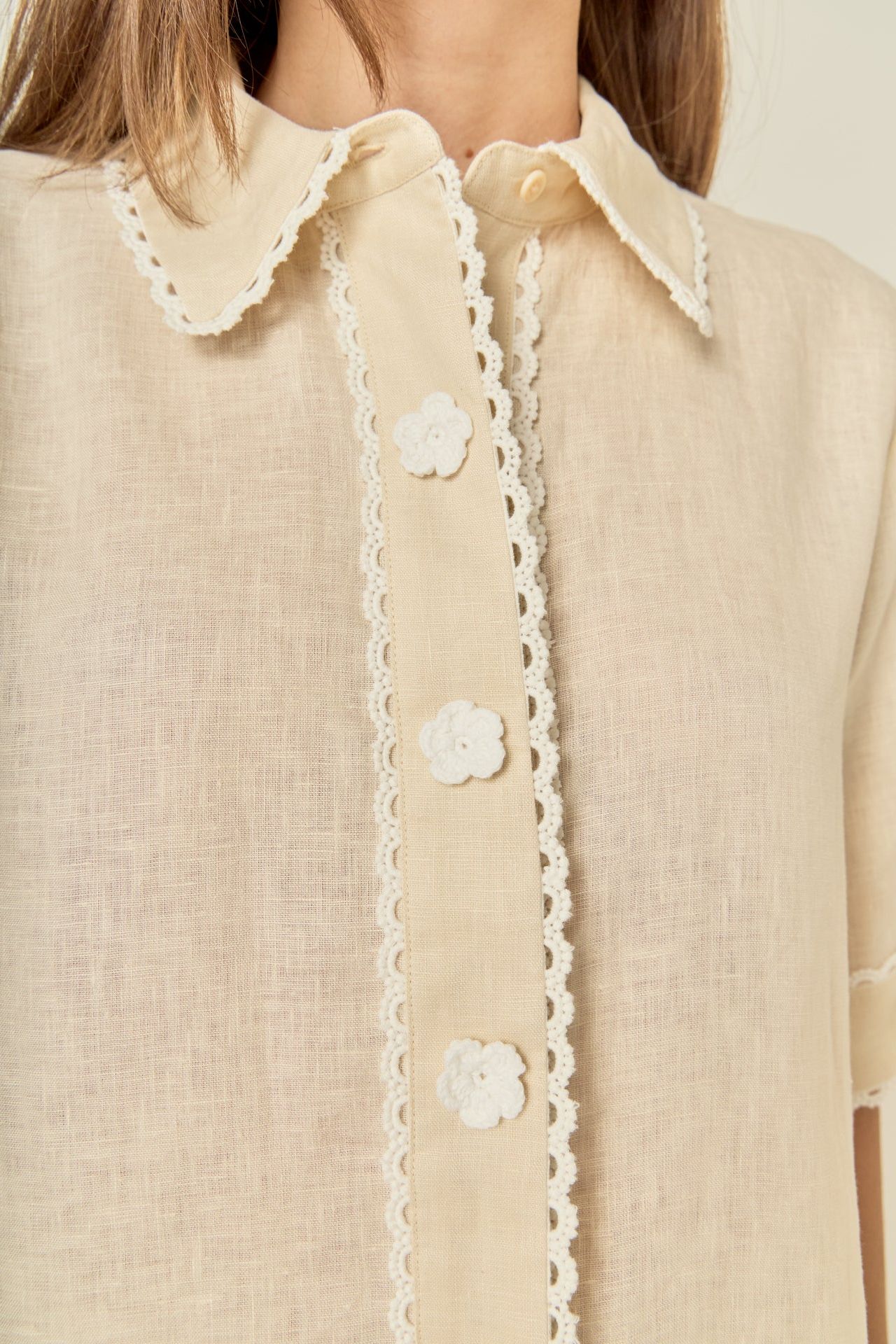 Just Enough Charm Linen Blend Button Front Shirt with Floral Appliqué