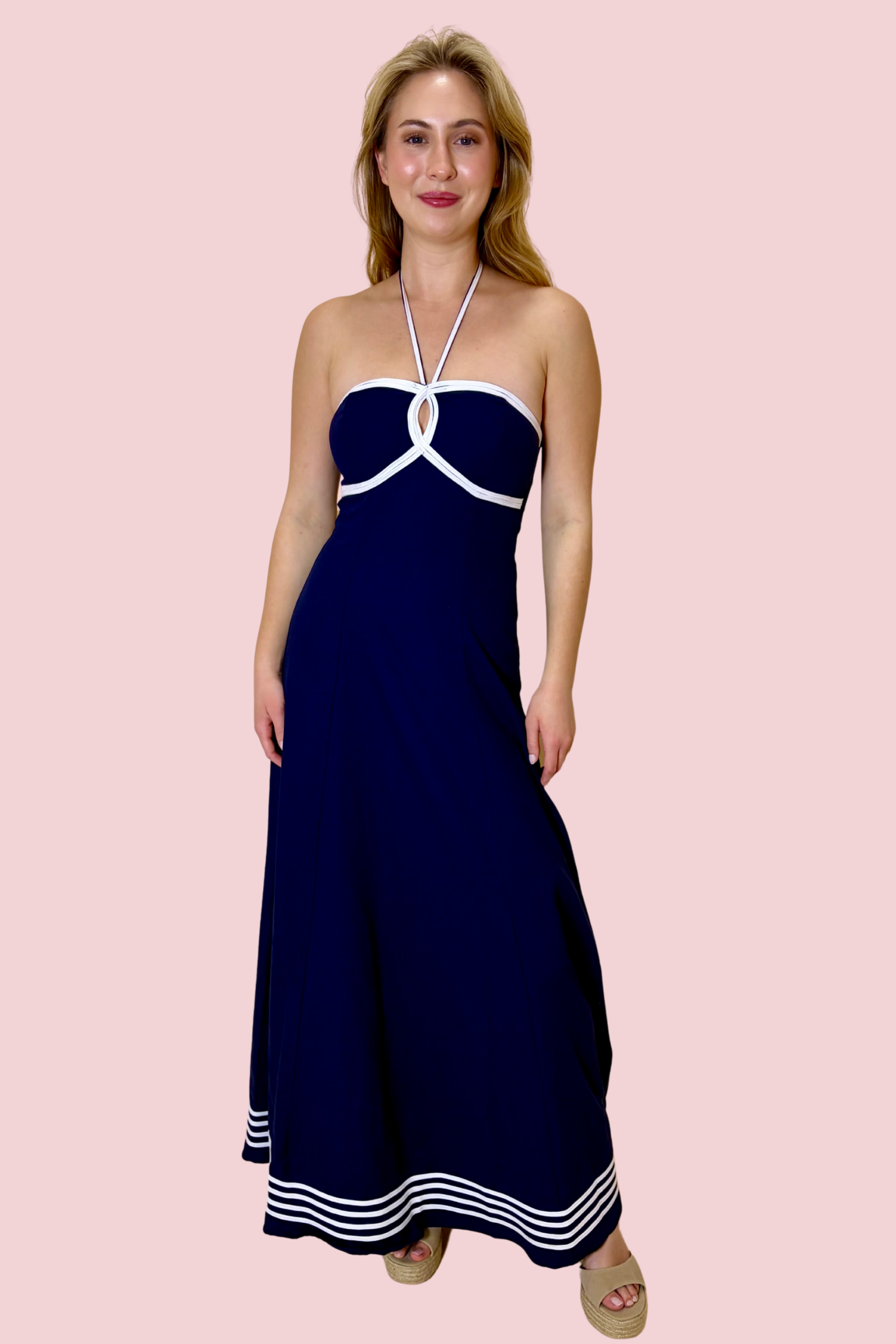 Yacht Club Navy Halter Maxi Dress with White Trim and Flowy Silhouette