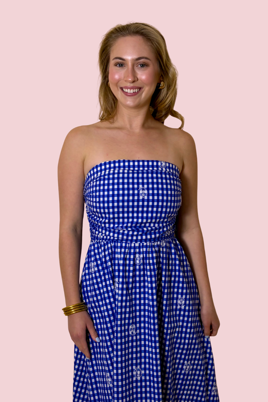 Sweetheart Blue Strapless Gingham Maxi Dress