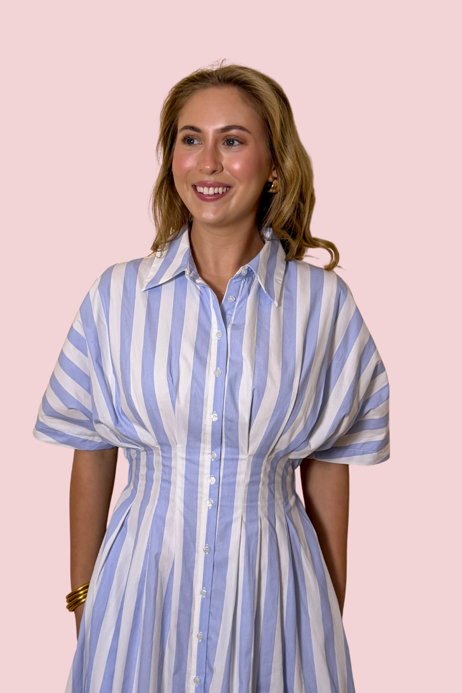 Polished Stripe Button Front Midi Dress with Cinched Waist