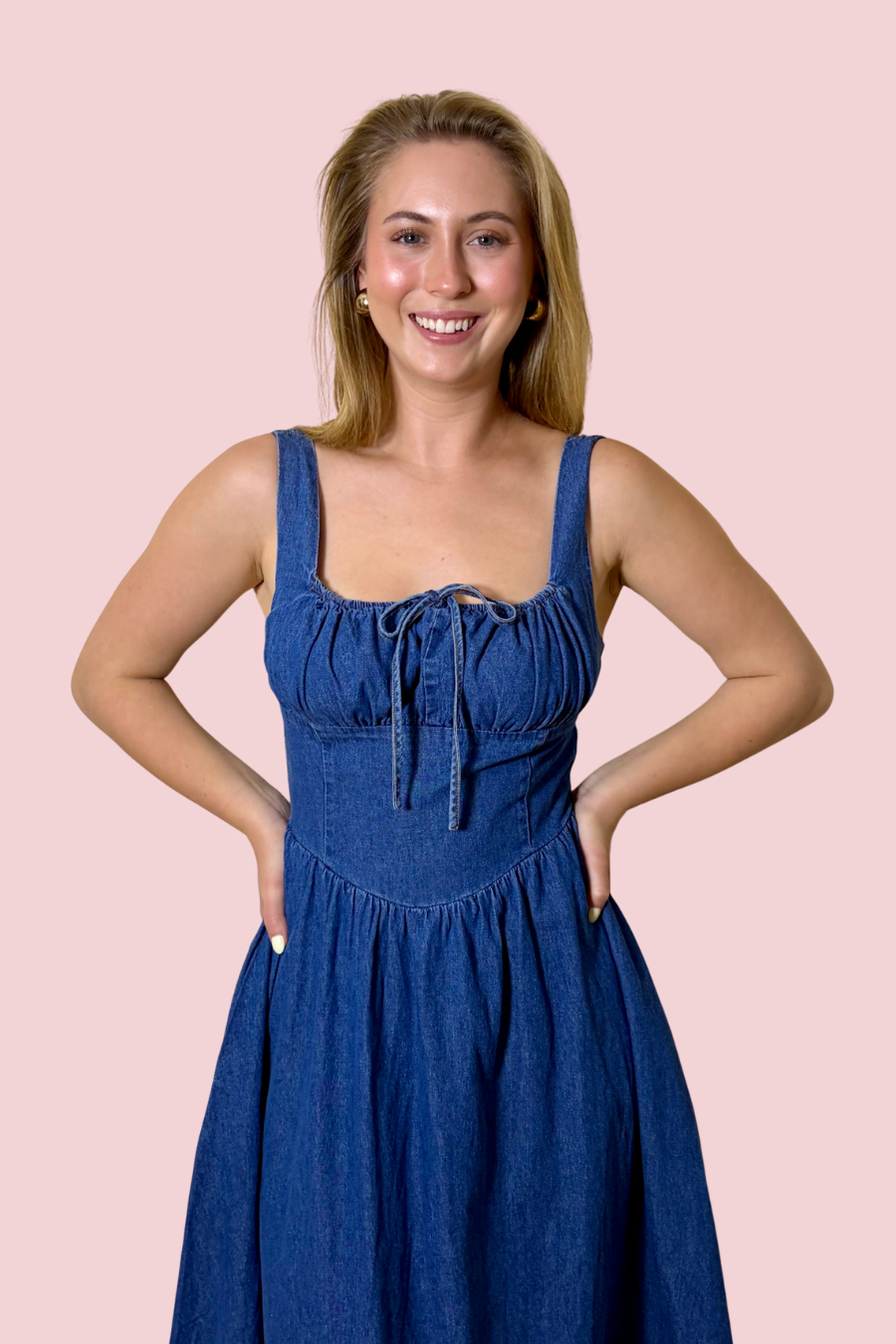 Indigo Darling Smocked Bodice Denim Midi Dress with Tie Front Detail