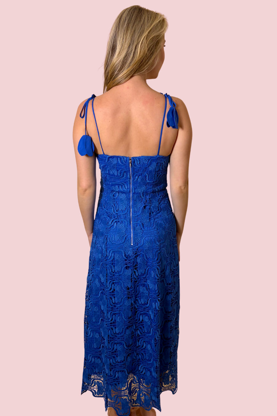 Blair Flower Tie Straps Blue Lace Midi Dress