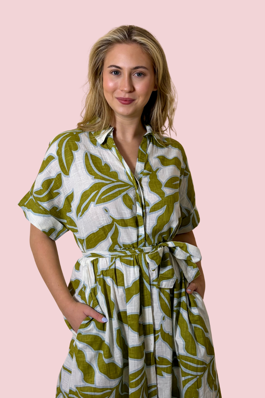 Palm Breeze Floral Print Midi Shirt Dress with Tie Waist and Short Sleeves