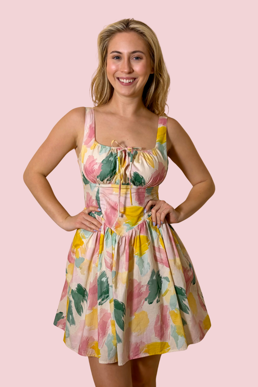 Painted Garden Women’s Floral Print Mini Dress with Square Neck and Pockets