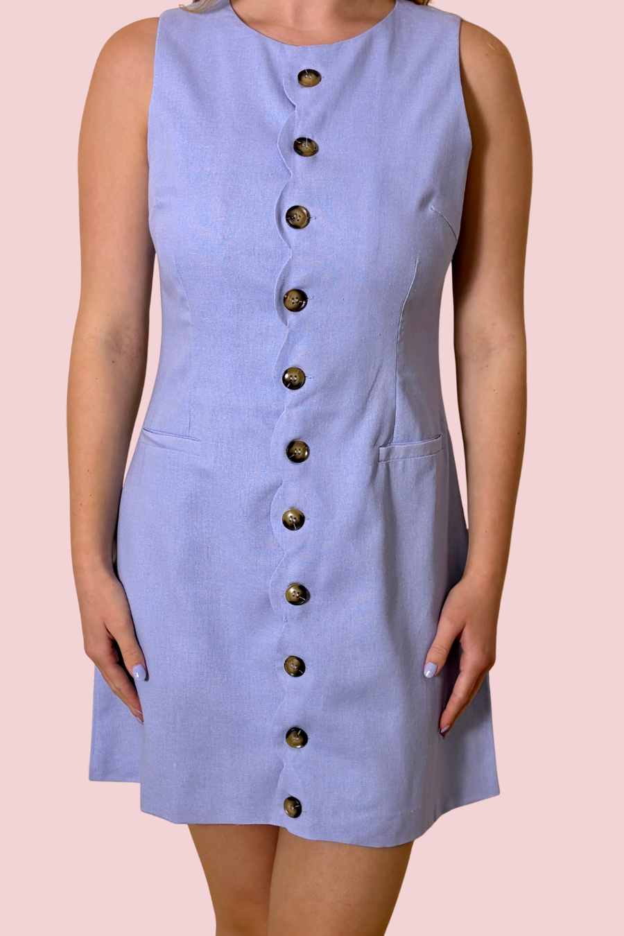 Sweet Structure Light Blue Sleeveless Mini Dress with Scalloped Button Front