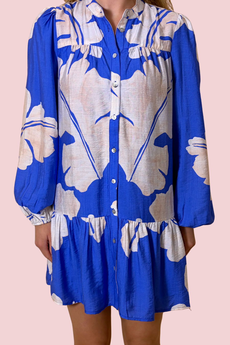 Ella Blue and White Floral Print Long Sleeve Button Down Shirt Dress Mini
