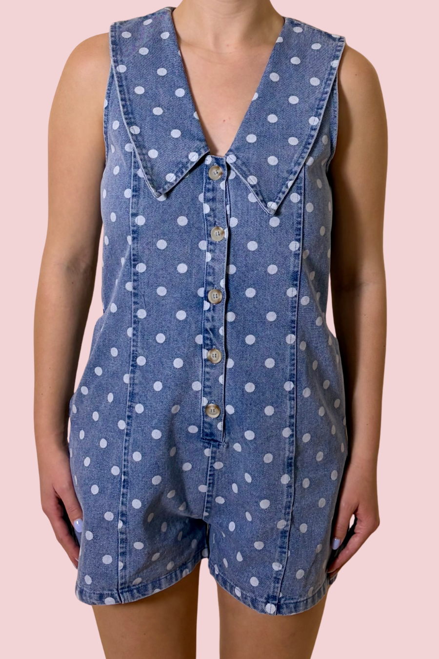 Denim Dot Sleeveless Button Front Romper with Collar