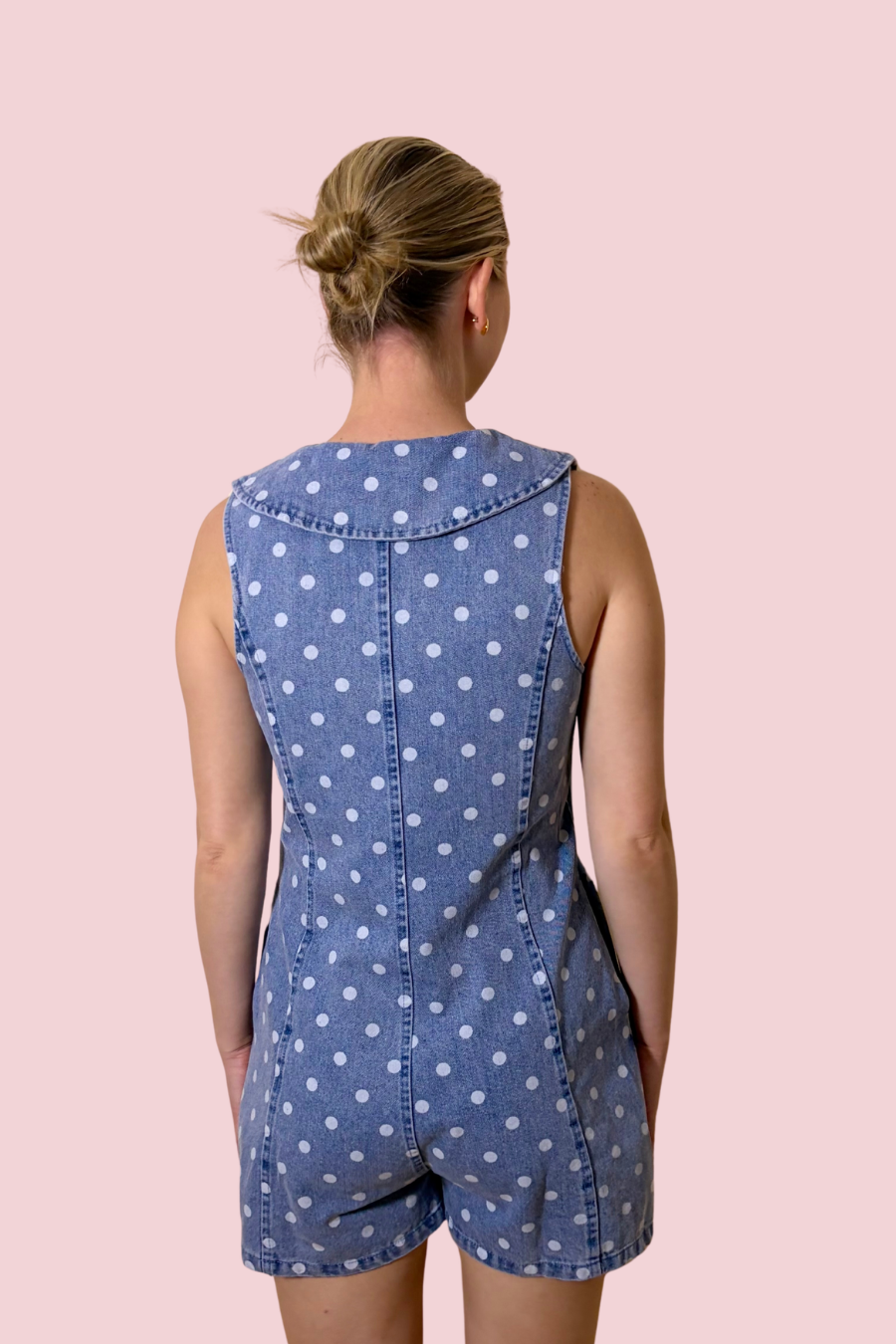 Denim Dot Sleeveless Button Front Romper with Collar