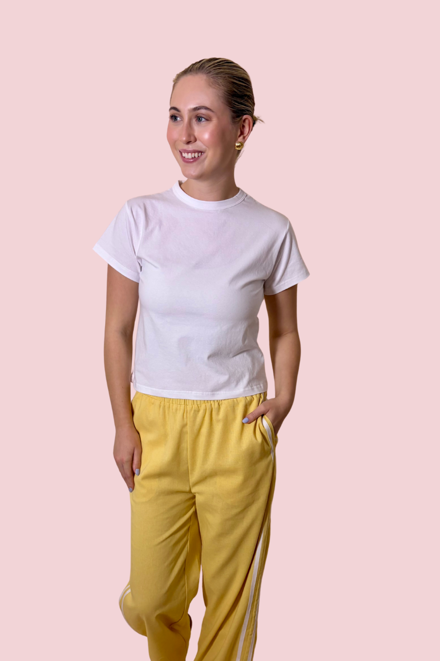 Sporty Chic Yellow Wide Leg Pants with Elastic Waist and Double Side Stripe