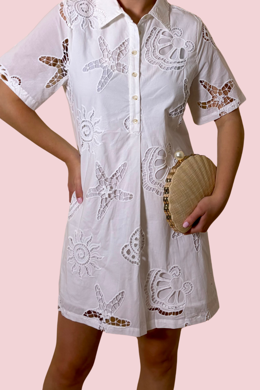 Isla Embroidered Shirt Dress with Short Sleeves and Button Front