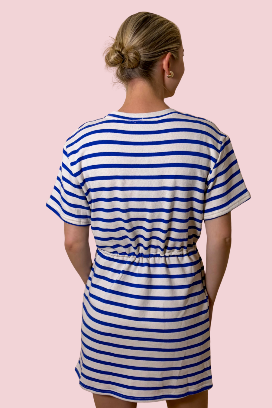 Sapphire Waves Blue and White Striped T-Shirt Mini Dress with Drawstring Waist