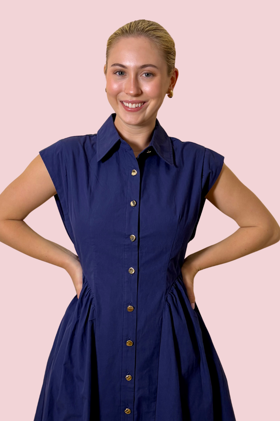 Show Me the Way Collared Midi Dress with Button Front, Cap Sleeves, and Side Pockets