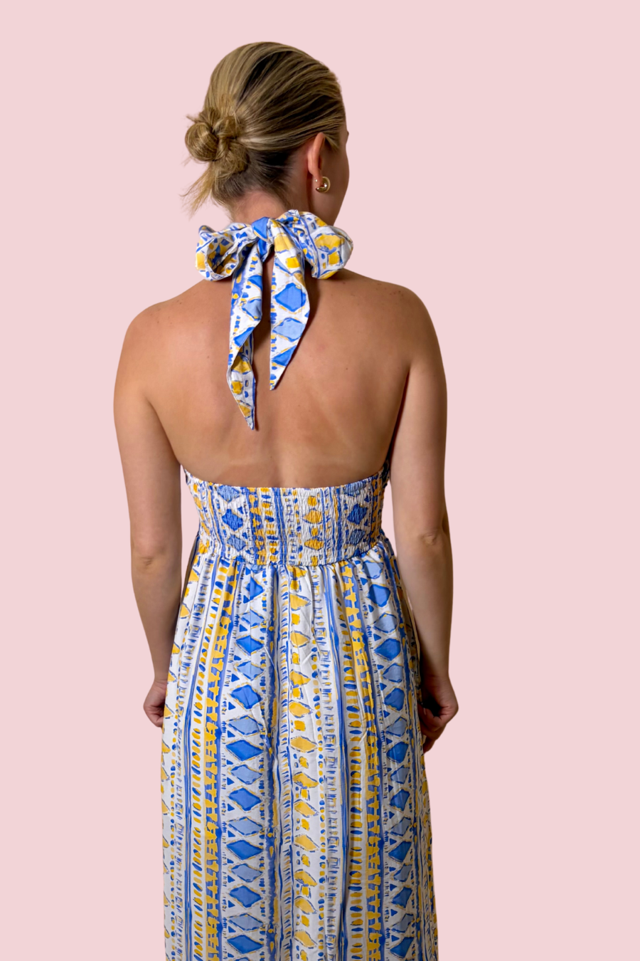 Island Print Blue and Yellow Printed Halter Maxi Dress with Flowy Skirt