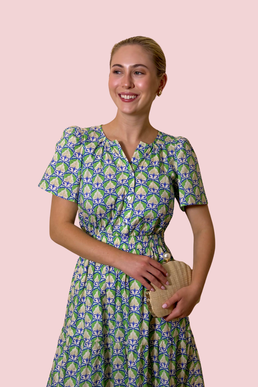 Garden Tile Green and Blue Printed Midi Dress with Flutter Sleeves and A-Line Fit